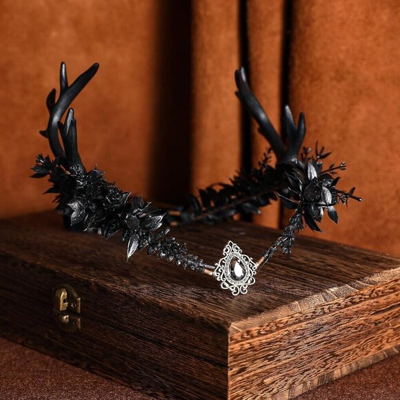 Black Flower Antler Crown Gothic Elf Headpiece Renaissance Faire Accessory main image 9